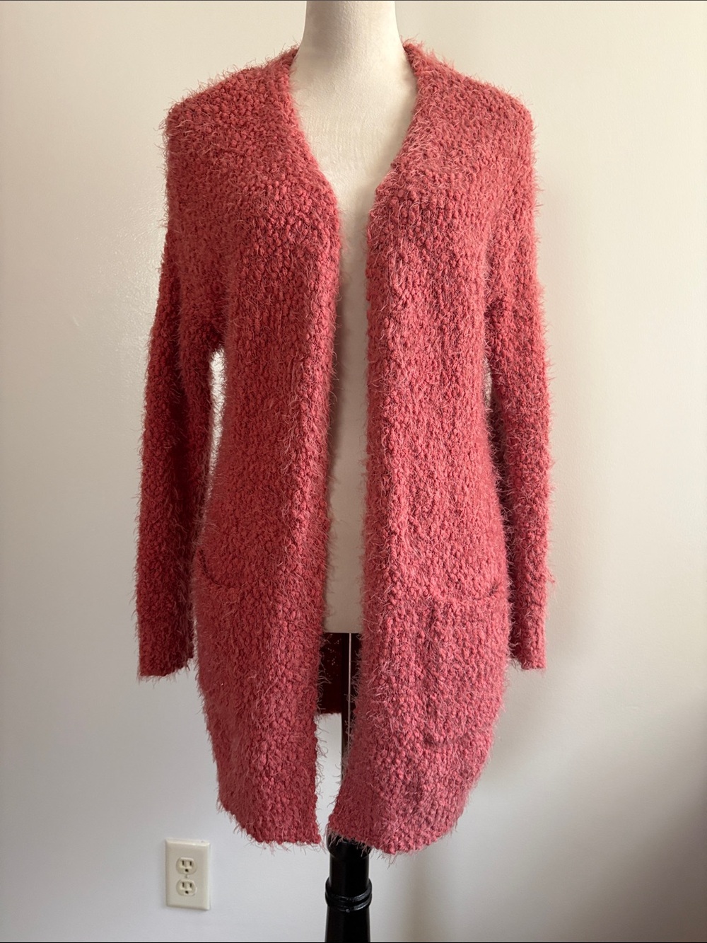 Love Tree Popcorn Eyelash Open Front Long Line Cardigan Blush Pink Size Medium